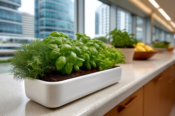 Fresh herbs in a modern kitchen, featuring basil, dill, and parsley in a white planter on a countertop with a bright urban backdrop, showcasing culinary inspiration and home gardening