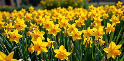 Obraz premium Vibrant yellow daffodils bloom in a sun-drenched field, creating a carpet of cheerful springtime color. Delicate petals unfurl against a backdrop of lush green, beautiful, blossom