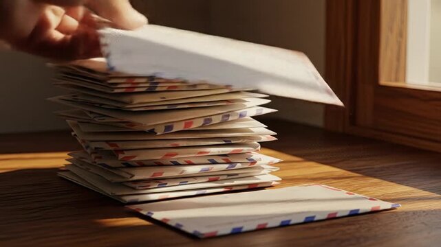 Hand arranging stack of envelopes near window natural daylight