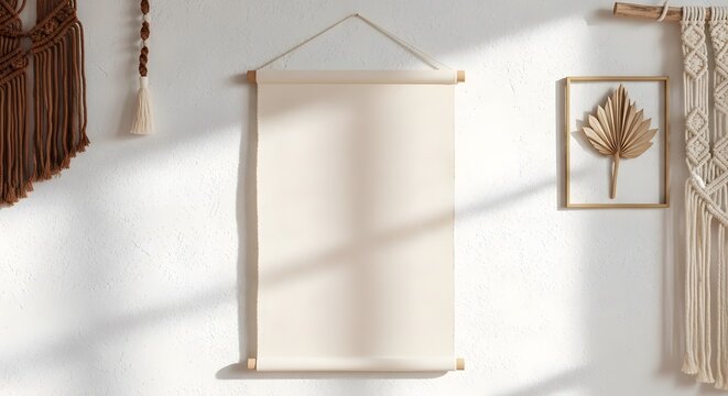 Close up shot of beige canvas hanging scroll with macrame wall hangings on white textured wall. Boho design element, room decoration, home decor and backdrop.