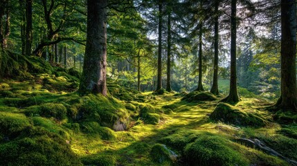 Sunlight filtering through a mossy forest