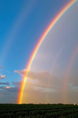 Vast, cerulean sky dramatically arched by a vibrant rainbow spanning the horizon, view, arc