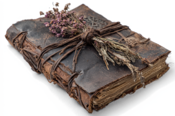 Antique leather-bound book with dried flowers tied with twine a vintage aesthetic for historical or fantasy themes