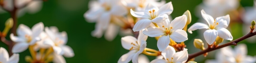 Fototapeta premium Delicate white jasmine blossoms unfurl in the soft spring light, their petals pristine against a blurred green background, delicate, flora