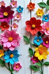 Obraz premium Delicate crepe paper flowers arranged on a rustic white wooden background, showcasing vibrant colors and textures, pretty, craft, crepe paper flowers