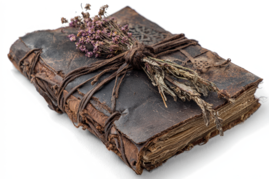 Antique leather-bound book with dried flowers tied with twine a vintage aesthetic for historical or fantasy themes