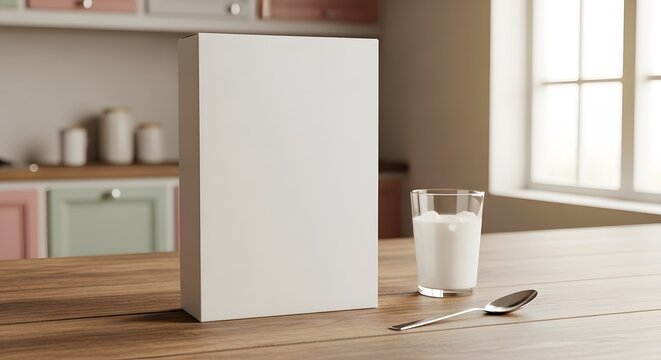 Blank White Cereal Box Mockup with Milk and Spoon on Wooden Table in Kitchen