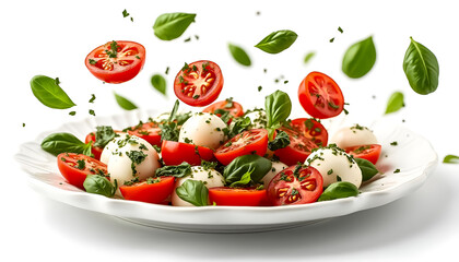 Fresh salad made with sliced tomatoes, mozzarella balls, and basil leaves in a white bowl during daylight