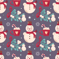 seamless pattern features cheerful snowmen, mistletoe, hot chocolate mugs, and delicate snowflakes. Perfect for winter-themed designs, it evokes cozy, festive vibes and captures the joy of the season.
