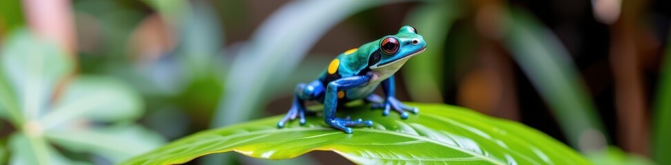 Obraz premium Vibrant blue and yellow spotted frog perched on a green leaf, rainforest setting, creature, biodiversity, close-up
