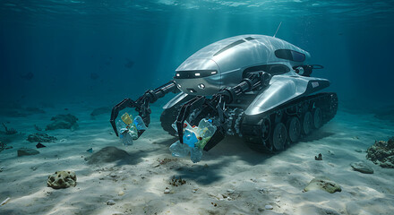 Underwater robot collecting plastic debris from ocean floor, futuristic marine technology