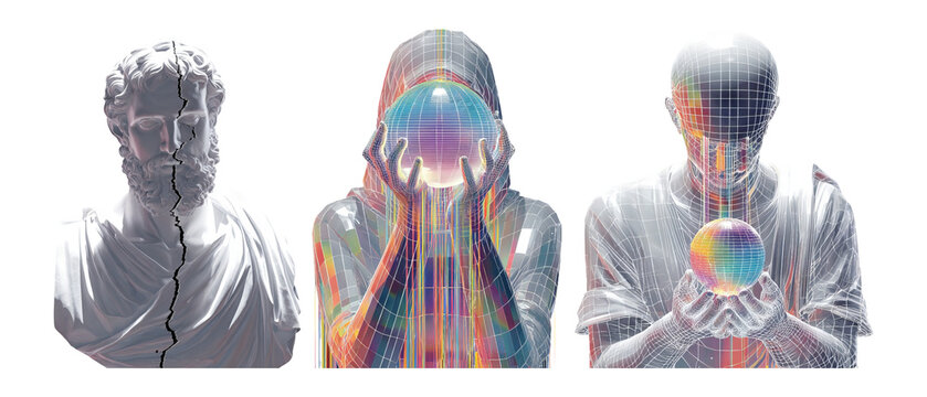 Surreal Sculpture Trio with Colorful Sphere in Abstract Style and Design