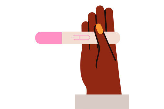Dark-skinned hand holding pregnancy test with single line negative result. Colorful vector illustration for fertility testing, family planning, healthcare, and women's reproductive health concepts