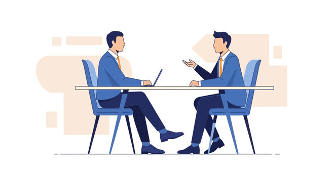 Two Men In Business Suits Discussing Ideas And Plans At A Table In Minimalist Style