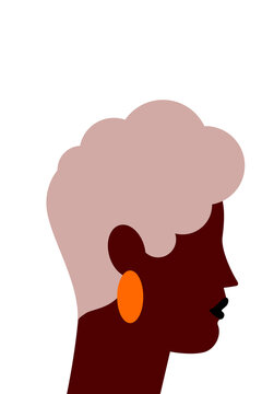 Portrait of a Black woman with golden earing and short curly hair in side profile. Flat vector design celebrating diversity, inclusion, and female representation. High resolution PNG. Character design