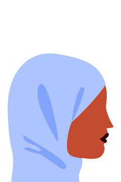 Vector illustration of a Muslim woman wearing a blue hijab, side profile on white background. Islamic head covering for diversity, cultural identity, representation and women's rights. High-res PNG