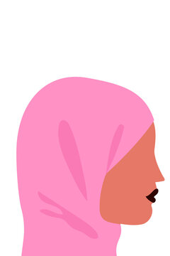 Vector illustration of a Muslim woman wearing a pink hijab, side profile on white background. Islamic head covering for diversity, cultural identity, representation and women's rights. High-res PNG