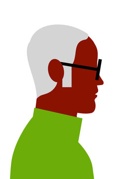 Abstract elderly man in profile wearing black glasses and green turtleneck. Colorful senior male portrait with white hair for aging, mature adult, retirement, and senior citizen concepts. High-res PNG