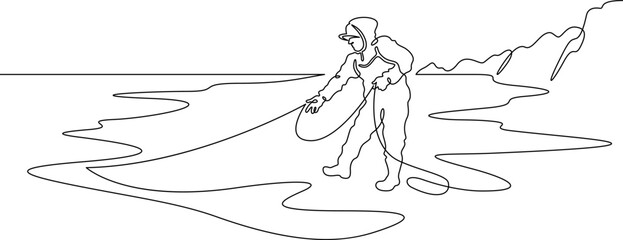 Continuous single line drawing Fisherman with a net. Fisherman on the seashore. Fishing. Linear design. One continuous line isolated minimalist illustration. Not AI.