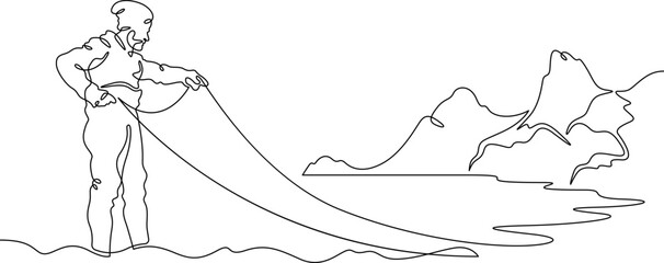 Continuous single line drawing Fisherman with a net. Fisherman on the seashore. Fishing. Linear design. One continuous line isolated minimalist illustration. Not AI.