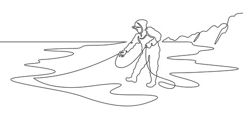 Continuous single line drawing Fisherman with a net. Fisherman on the seashore. Fishing. Linear design. One continuous line isolated minimalist illustration. Not AI.