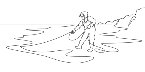 Continuous single line drawing Fisherman with a net. Fisherman on the seashore. Fishing. Linear design. One continuous line isolated minimalist illustration. Not AI.