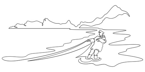 Continuous single line drawing Fisherman with a net. Fisherman on the seashore. Fishing. Linear design. One continuous line isolated minimalist illustration. Not AI.