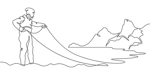 Continuous single line drawing Fisherman with a net. Fisherman on the seashore. Fishing. Linear design. One continuous line isolated minimalist illustration. Not AI.