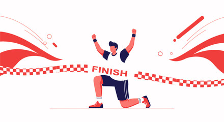 Triumphant Joyous Runner Crossing Finish Line, Celebrates Achievement, Winning Race