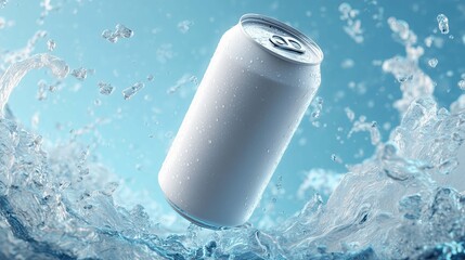 white floating beverage can on ombre blue aqua background motion falling movement clear liquid bubbles splashing marketing advertising soda beer water drink