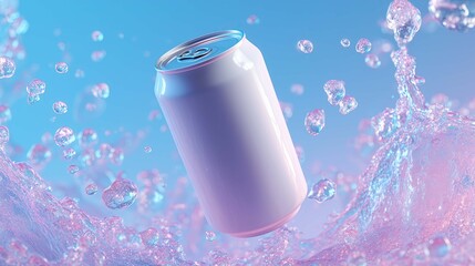 white floating beverage can on ombre blue purple background motion falling movement clear liquid bubbles splashing marketing advertising soda beer water drink