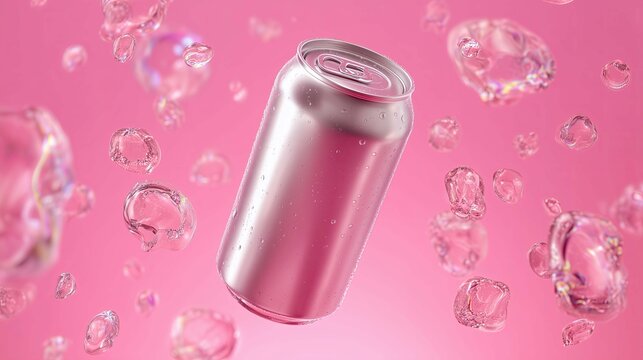 silver floating beverage can on pink background motion falling movement clear liquid bubbles splashing marketing advertising soda beer water drink