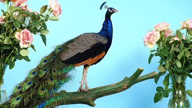 Peacock Resting on Branch with Roses Against a Light Blue Background in Studio