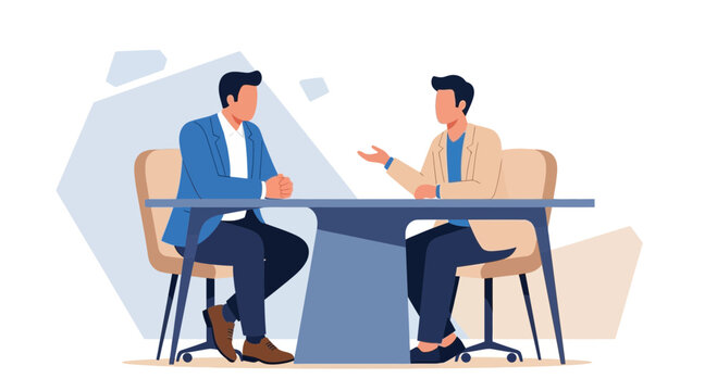Two business men having a discussion at a table in a modern flat illustration