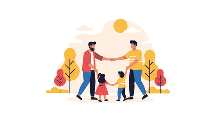 Fototapeta premium Two Fathers Shaking Hands With Their Children in Nature Embracing Family Unity