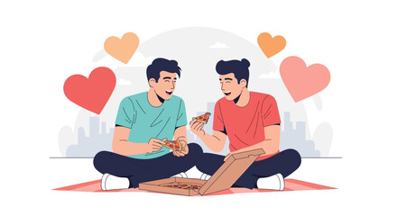 Two Gay Men Sharing Pizza Outdoors Enjoying Happiness and Their Romantic Relationship