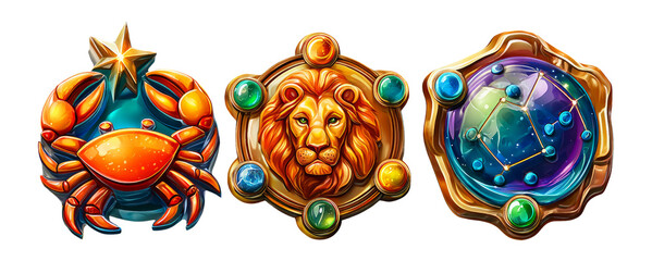 Colorful 3D Illustrations of Zodiac Symbols in Glossy Style on Transparent Background