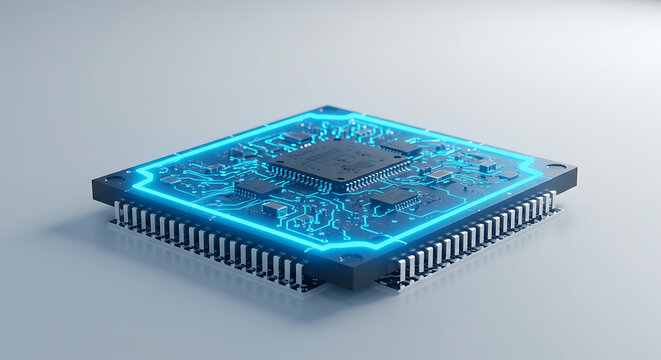 Quantum computer chip glowing with blue light in a futuristic lab, high-tech details, ultra-realistic lighting, white background