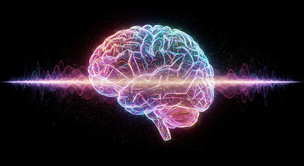 3D holographic brain made of light particles and quantum waves, representing advanced artificial intelligence