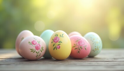 Fototapeta premium Colorful Easter eggs decorated with floral designs on wooden table 