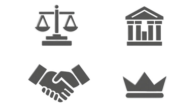 Set of four flat icons representing law justice and authority.