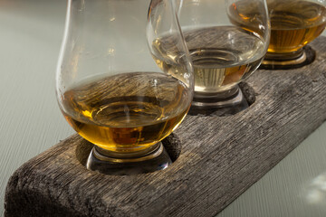 Scotch single malt and blended whisky tasting on distillery in Scotland close up