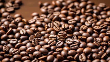 Obraz premium Rich brown background scattered with aromatic coffee beans, close-up view, scattered, aroma