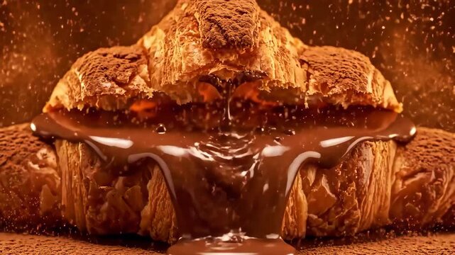 Chocolate croissant with melted chocolate and cocoa powder sprinkled on fresh baked flaky pastry