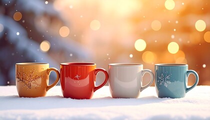 Four decorative mugs with winter design on wooden table