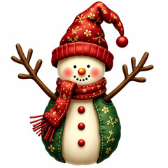 Cute Christmas snowman in red hat and green jacket with golden snowflakes, festive cartoon character illustration, cheerful winter holiday PNG for crafts and sublimation