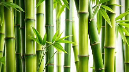 Fototapeta premium Lush green bamboo stalks and leaves create a serene and natural background, perfect for conveying tranquility, growth, and the beauty of nature
