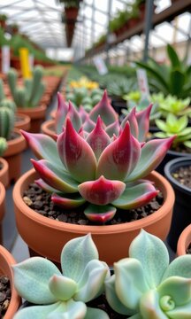 Close-up of a fasciated Haworthia succulent in a terracotta pot, thriving in a greenhouse setting, healthy, cristate, leaves