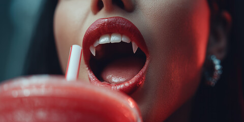 Close-up of vampire woman drinking red cocktail with fangs. Halloween concept with sensual and cinematic lighting