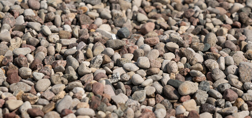 Pebble stones textured background. Small round rocks pattern top view, smooth pebble